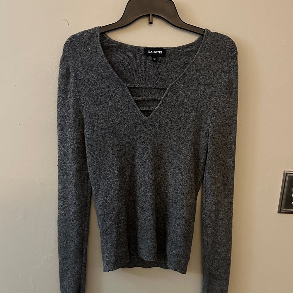 Express Charcoal Gray V-Neck Ladder-Strap Sweater